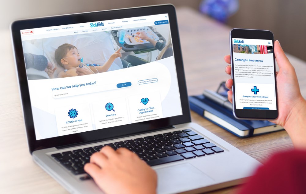 User browsing SickKids new website on a laptop and mobile phone