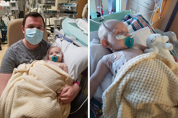 Photo 1: A man wearing a medical mask holds a baby bundled in blankets in a hospital room. The baby is connected to various breathing tubes and monitors. Photo 2: A baby asleep in a hospital bed. He is connected to various breathing tubes and monitors.