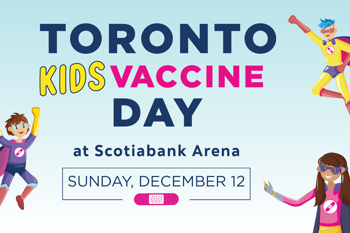 Poster for Toronto Kids Vaccine Day at Scotiabank Arena, Sunday, December 12. Three superheroes surround text.