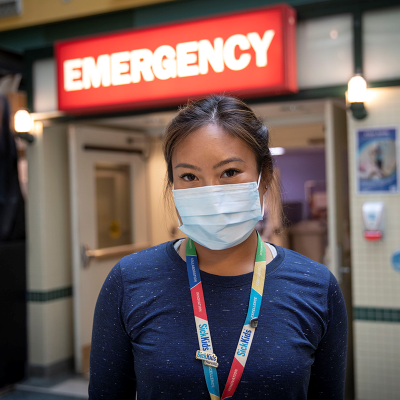 Nurse Anjelica Guytingco stands in front of a red sign that reads "emergency" in white font, wearing a mask and a SickKids lanyard. 