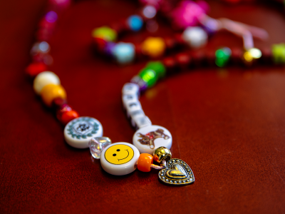 A necklace of assorted beads.