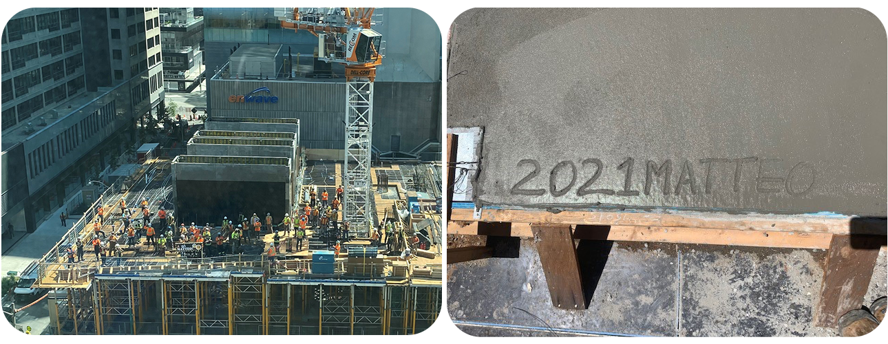 Photo 1: an aerial photo of a construction crew gathered on a construction site waving and holding a sign that says "Hi Matteo" Photo 2: a slab of wet concrete with the words 2021 Matteo written in it
