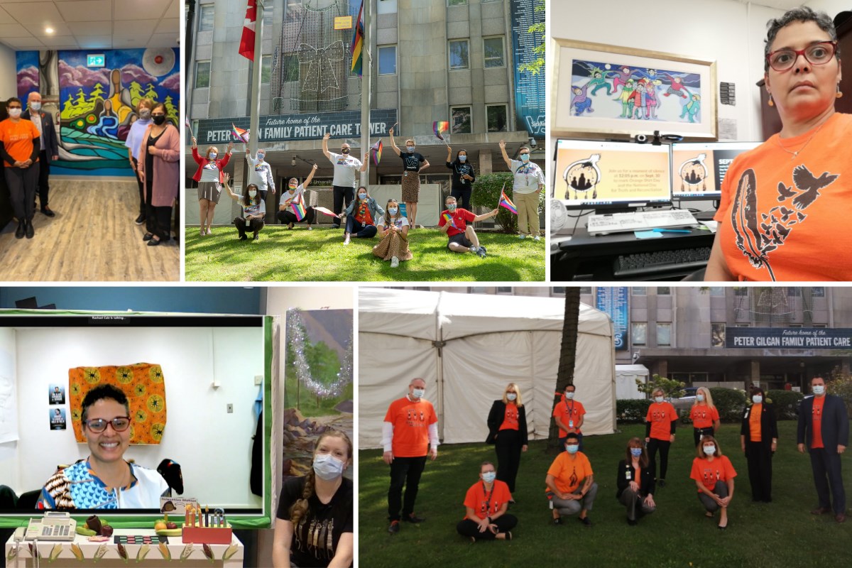 Collage of images from events including: people gathered around a mural, waving the Inclusive Pride flag, wearing orange shirts, joining a story time meeting on a computer screen