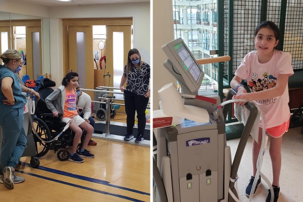 Two photos. In one a girl stands out of a wheelchair, in the second she stands next to a large machine.