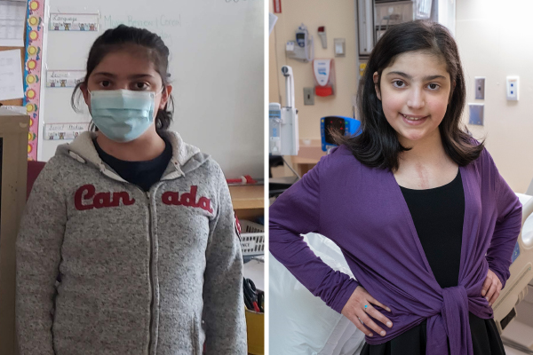 Two images of the same child. In one she wears a hoodie and a mask, in the other she wears a dress and poses with hands on hips.