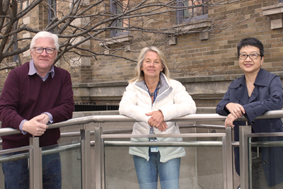 Three staff stand together outside.