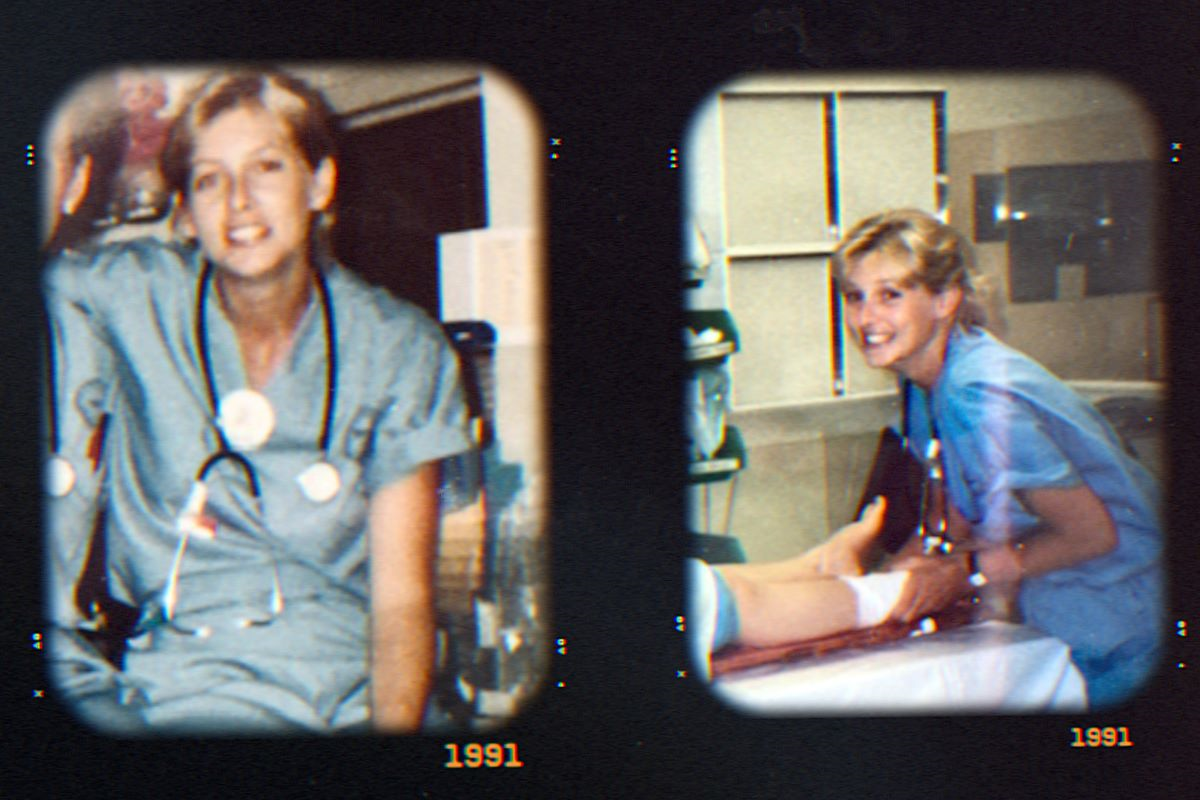 Two photos of Jane Stuart-Minaret from 1991 show her smiling in blue scrubs wearing a stethoscope. The photos are on a black background with "1991" written below them.