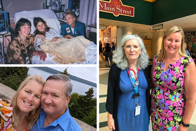 A collage of photos featuring Kristina McLaren (Lloyd) as a patient at SickKids, posing for photo with Dr. Hébert and posing for a photo with her husband.