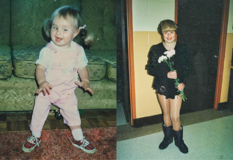 Two images of Kristina as a child. The first image shows her as a toddler with her hair in pigtails. In the second image, she is wearing a black figure skating outfit, holding flowers in her hands. 