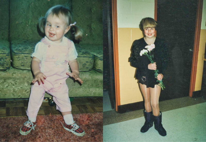 Two images of Kristina as a child. The first image shows her as a toddler with her hair in pigtails. In the second image, she is wearing a black figure skating outfit, holding flowers in her hands.