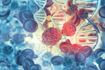 A 3D illustration of cancer cells on strands of DNA.