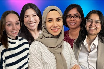 Five photos of women placed together on a blue and pink background.