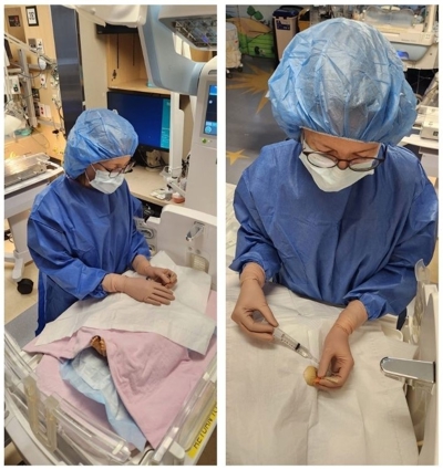 A nurse performs a reservoir tap procedure on an infant in a NICU bed.
