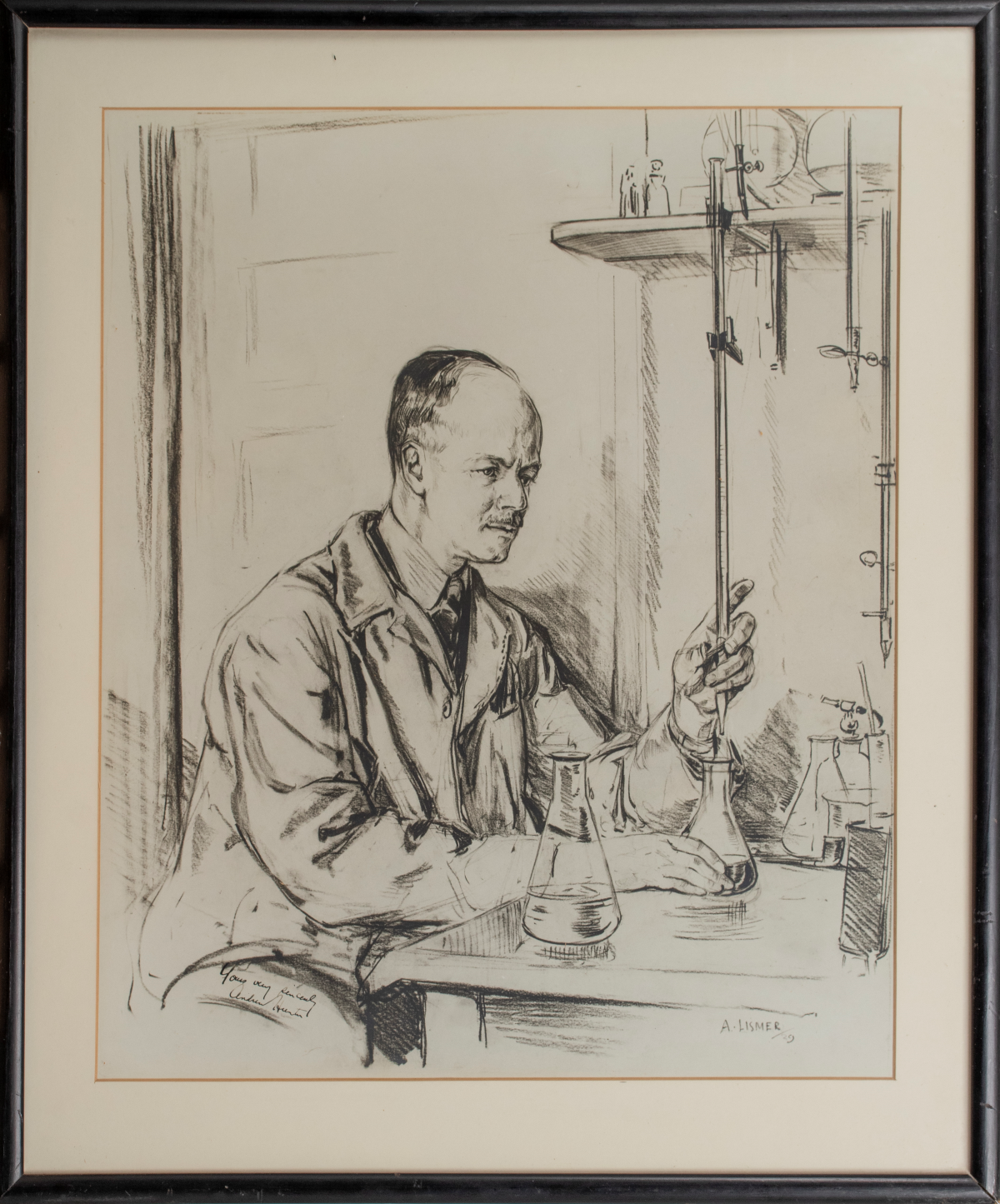 A hand drawn portrait of Dr. Andrew Hunter sitting at a lab bench with several flasks and titration equipment,