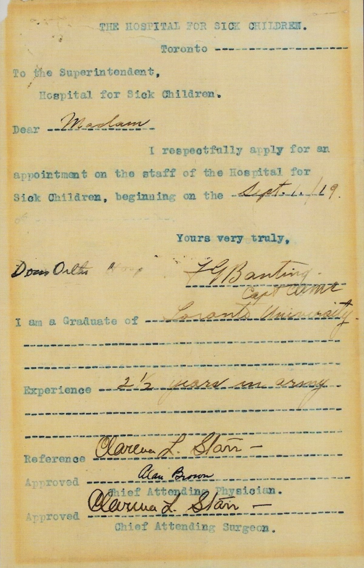 An aged yellow application form from Dr. Banting addressed to the Superintendent of The Hospital for Sick Children.