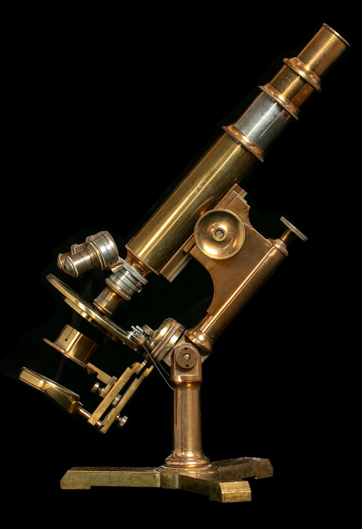 Side view of a brass compound microscope.