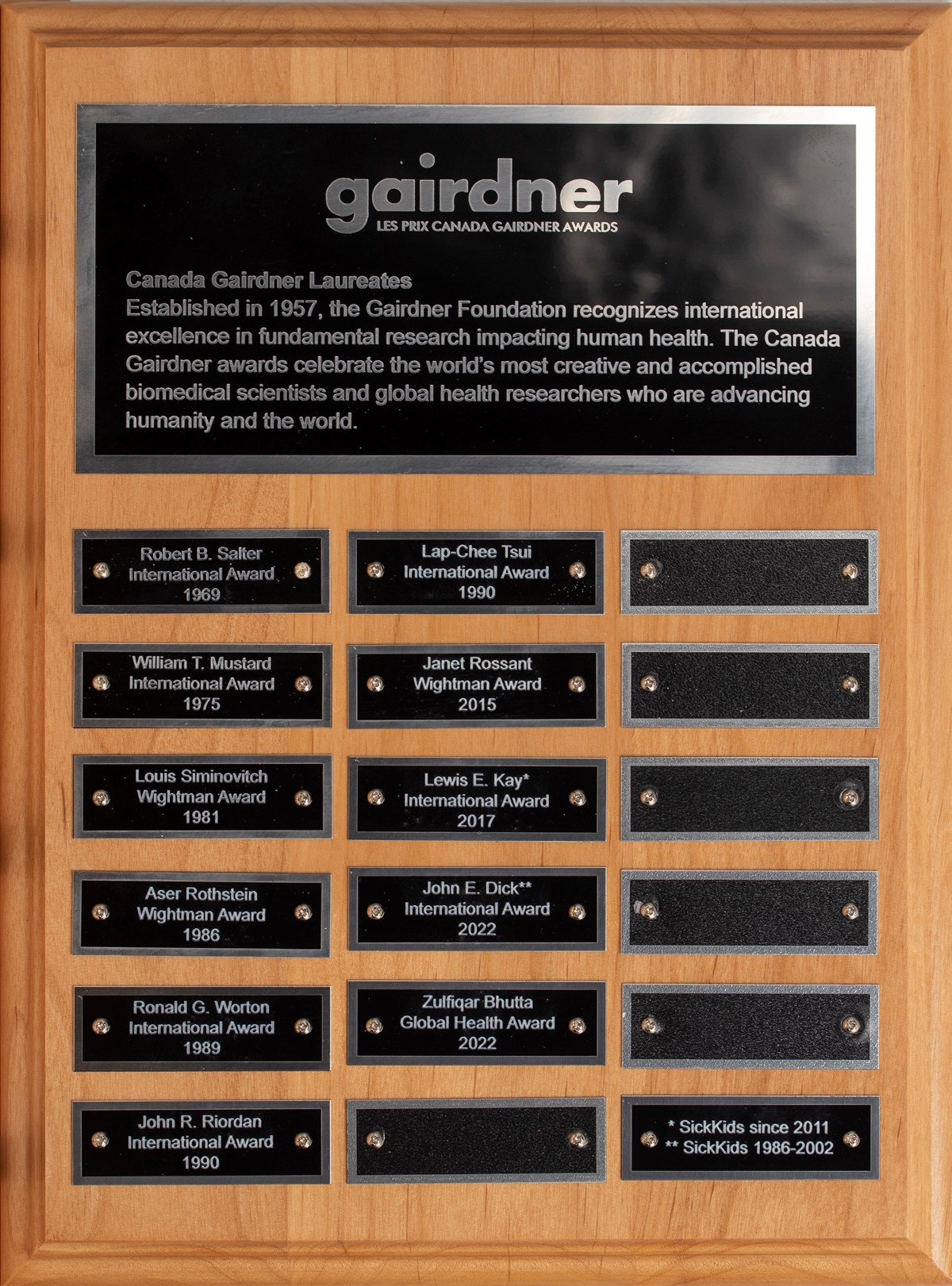 A wooden plaque with the various Gairdner Awards that have been awarded throughout the years engraved on black metal plating.