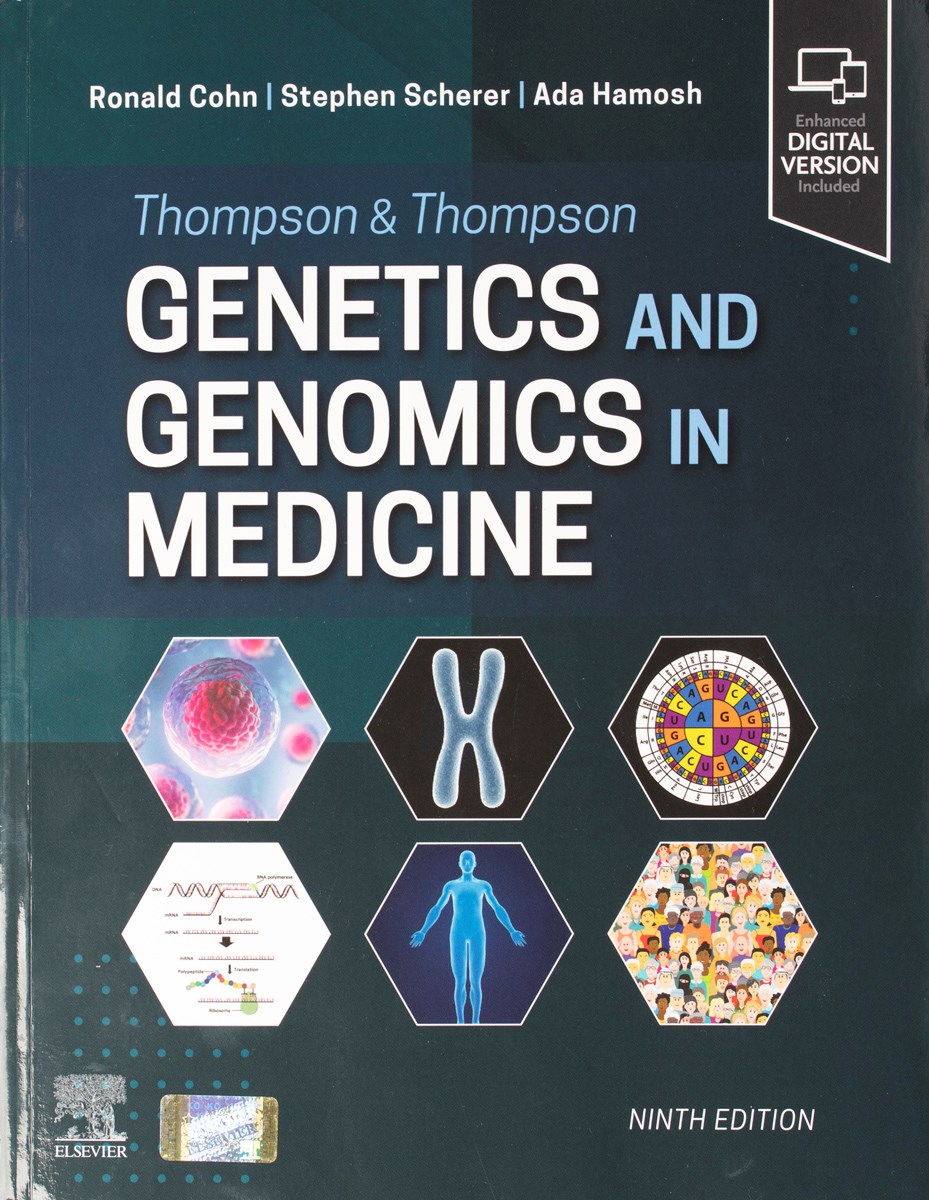The cover of Genetics and Genomics in Medicine Ninth Edition. The cover features six illustrations of a cell, chromosome, protein bases, DNA transcription, the human body and a collage of a diverse population of people.
