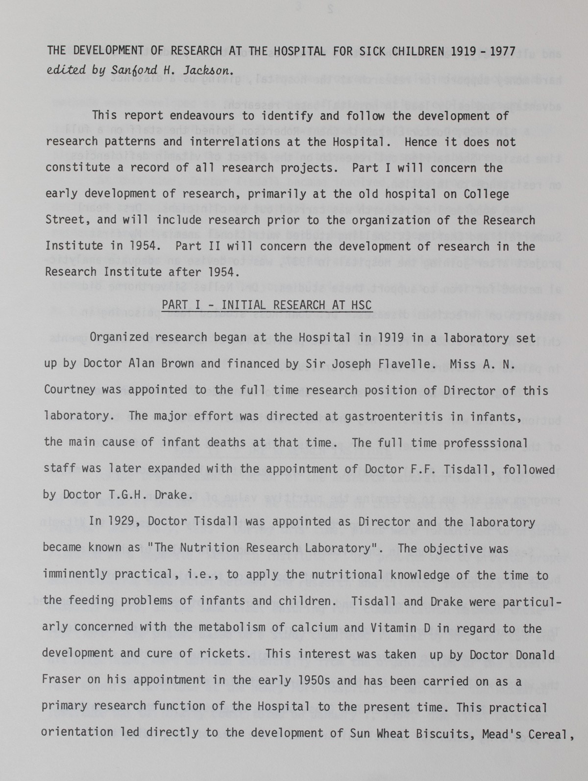 A page of a report titled "The development of research at The Hospital for Sick Children 1919–1977", edited by Sanford H. Jackson.
