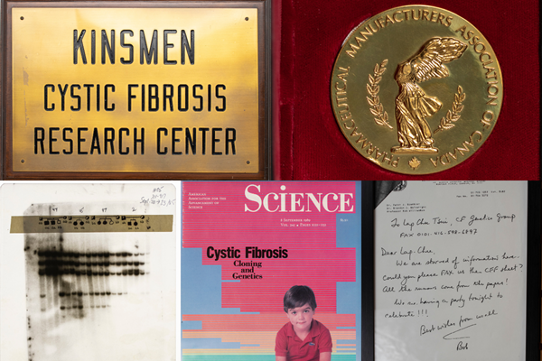 A collage consisting of the Kinsmen Cystic Fibrosis Research Center plaque, gold medal, gel electrophoresis, Science journal and facsimile from Bob Williamson to Lap-Chee Tsui