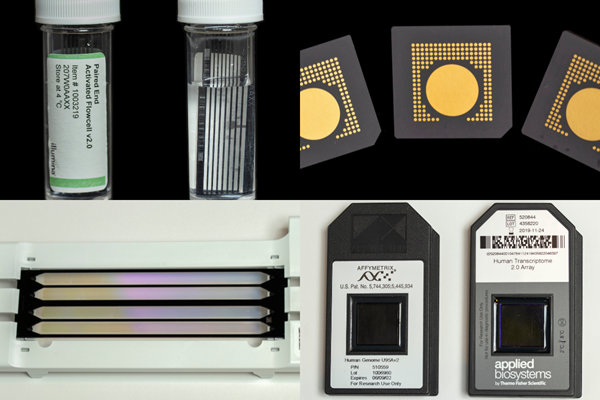 A collage consisting of the Illumina NovaSeq 6000 flow cell, Sequel SMRT-cells, Patterned Flow Cell Technology and microarrays