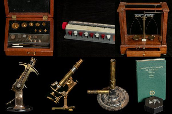 A collage of various scientific instruments, including: scale weights, blood cell counter, apothecary scale, Abbe refractometer, brass compound microscope, Bunsen burner and mouth-blown glass test tube stoppers