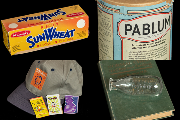A collage consisting of Sprinkles, Pablum, Sun Wheat Biscuits and a curved bottom milk bottle