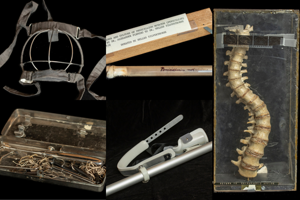 A collage consisting of a mask made to prevent children from eating lead paint, vial of penicillin, scoliosis spine model, surgical instruments and a Salter Continuous Passive Motion post-orthopaedic surgery device