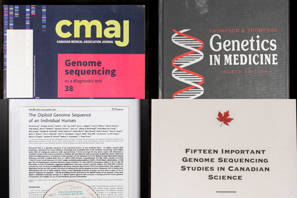A collage consisting of a copy of the Canadian Medical Association Journal, the cover of Genetics in Medicine (fourth edition), a copy of The Diploid Genome Sequence of an Individual Human and Fifteen Important Genome Sequencing Studies in Canadian Science