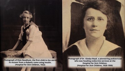 A collage of two vintage photos of Elsie Needham and Dr. Gladys Boyd. The text reads, "Photograph of Elsie Needham, the first child in the world to recover from a diabetic coma using insulin. (Hospital for Sick Children, 1922)" and "Photograph of Dr, Gladys Boyd, a pioneering paediatrician who was heading endocrine services at the Hospital for Sick Children. (Hospital for Sick Children, 1920-1950)"