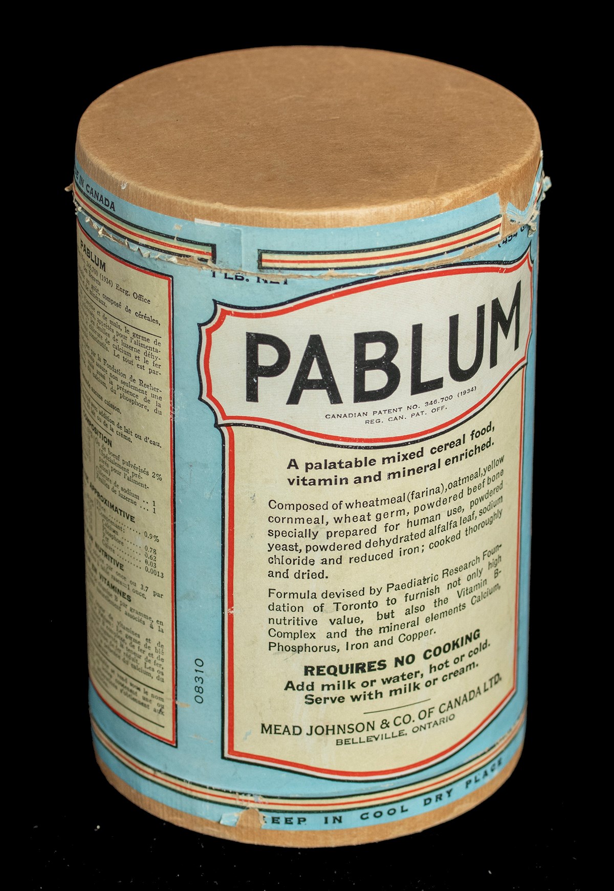 Side view of a can of Pablum