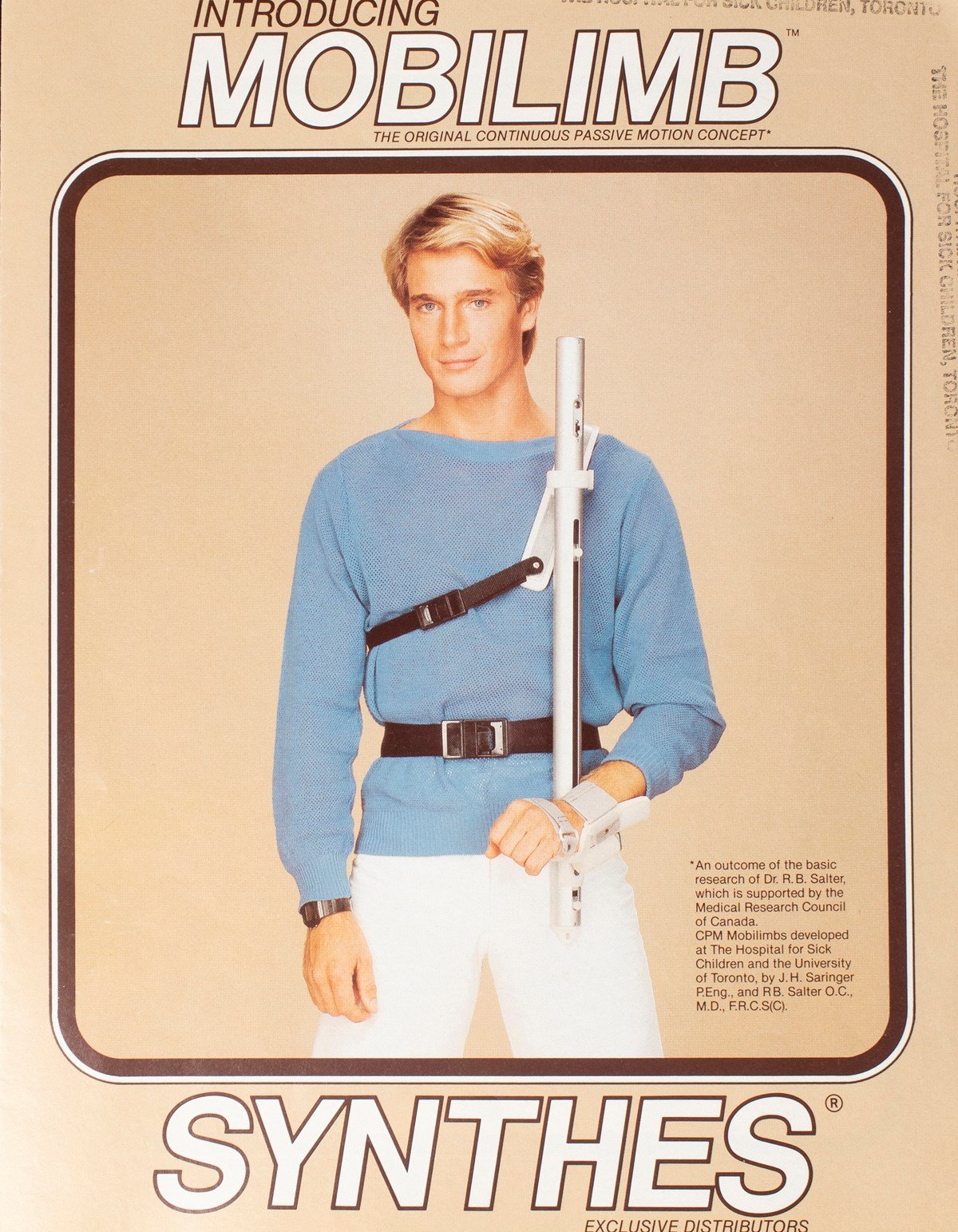 abu.org poster that reads, "Introducing Mobilimb: the original continuous passive motion concept". A man is depicted wearing an orthotic device on his arm that is connected to a bar that restricts his range of movement. The bar is attached vertically along his body by two straps around his abdomen. At the bottom, the text reads, "Synthes. Exclusive distributors".